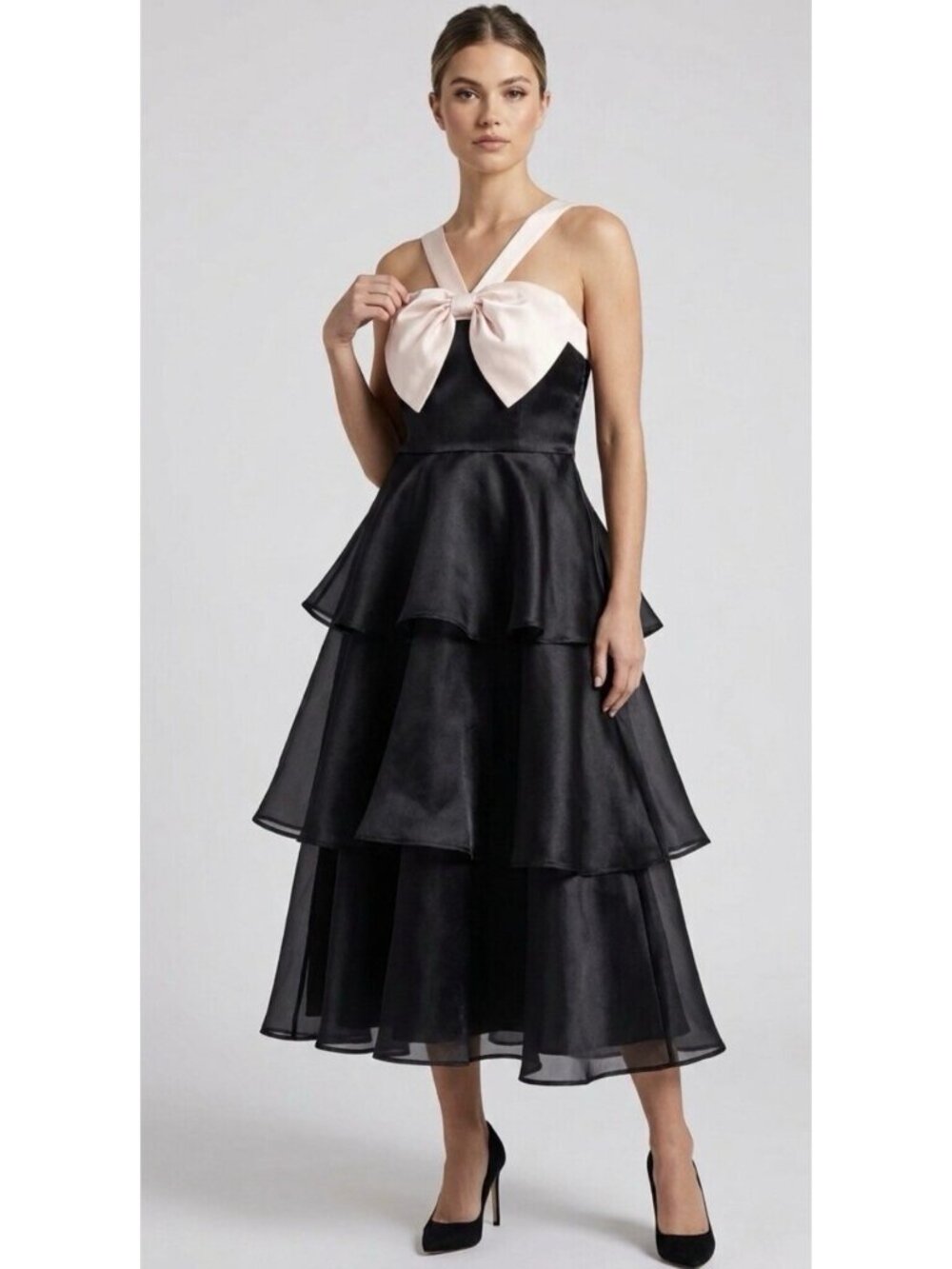 Lulus Untamed Elegance Midi Dress Sz XL Black Organza Cream Satin Bow Coquette - Picture 5 of 8